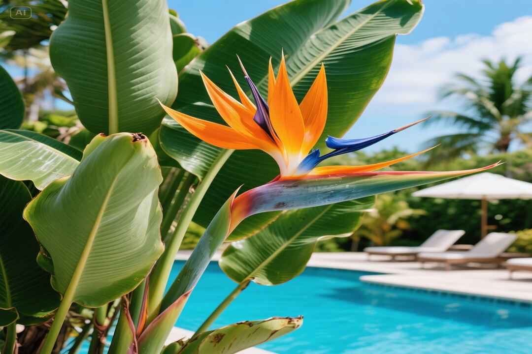 Bird of Paradise near modern pool landscaping