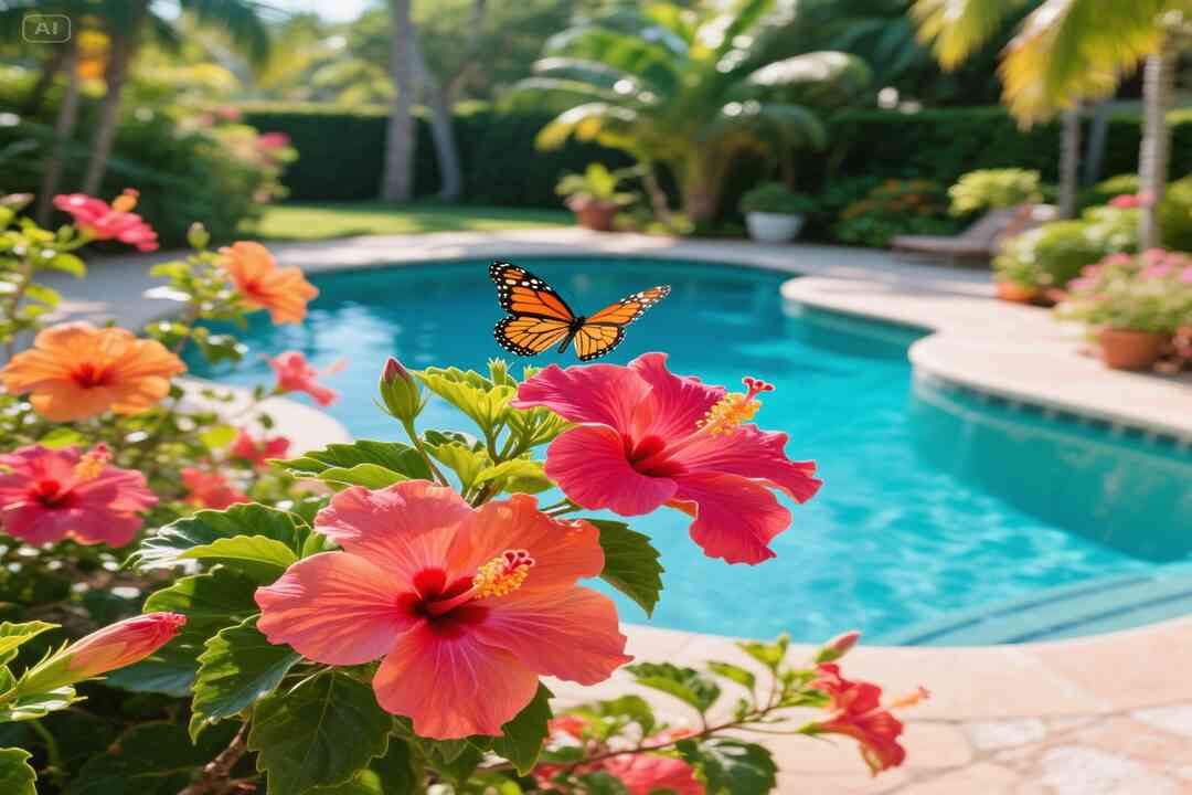 Colorful hibiscus by the swimming pool