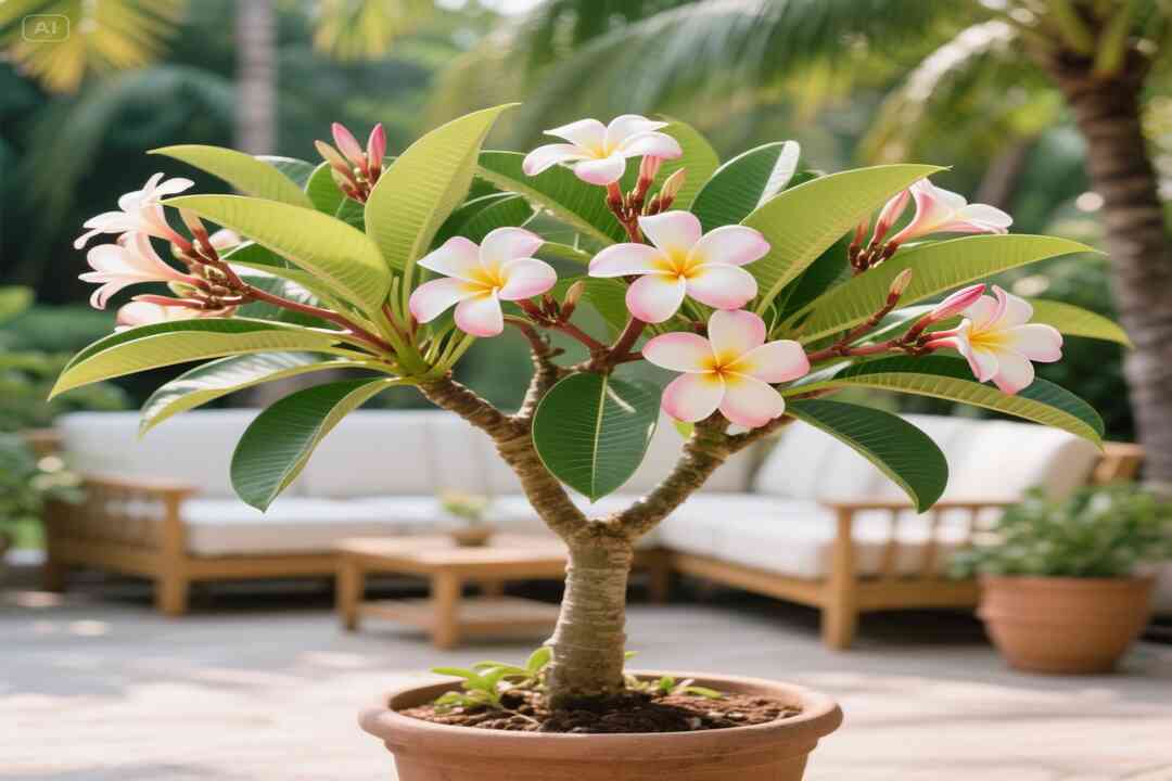 Plumeria in desert-style pool landscape