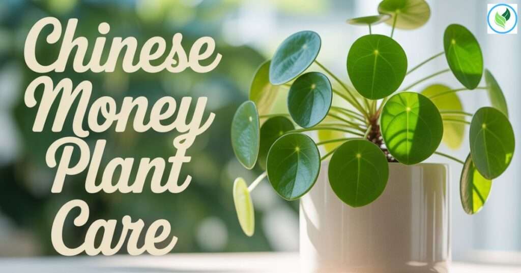 A photograph of a vibrant Chinese Money Plant (Pilea peperomioides) sitting in a sleek, modern white pot against a softly blurred background. The plant's round, coin-like leaves are a bright, healthy green, gently catching the light. Superimposed over the scene in an elegant, handwritten font are the words "Chinese Money Plant care" in a light beige color. Soft, natural light illuminates the plant and text, creating a clean and inviting aesthetic.