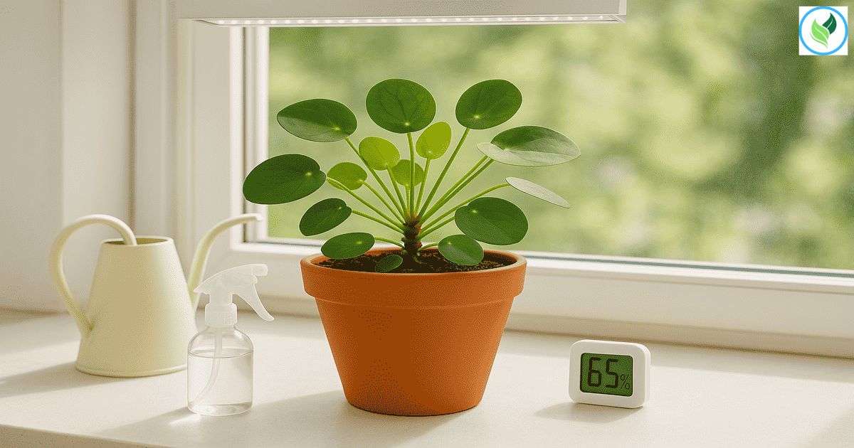 Bright indoor scene with a thriving Chinese money plant (Pilea peperomioides) on a windowsill, surrounded by care essentials—watering can, misting spray bottle, grow light above, and a small humidity gauge beside it, with natural light streaming in